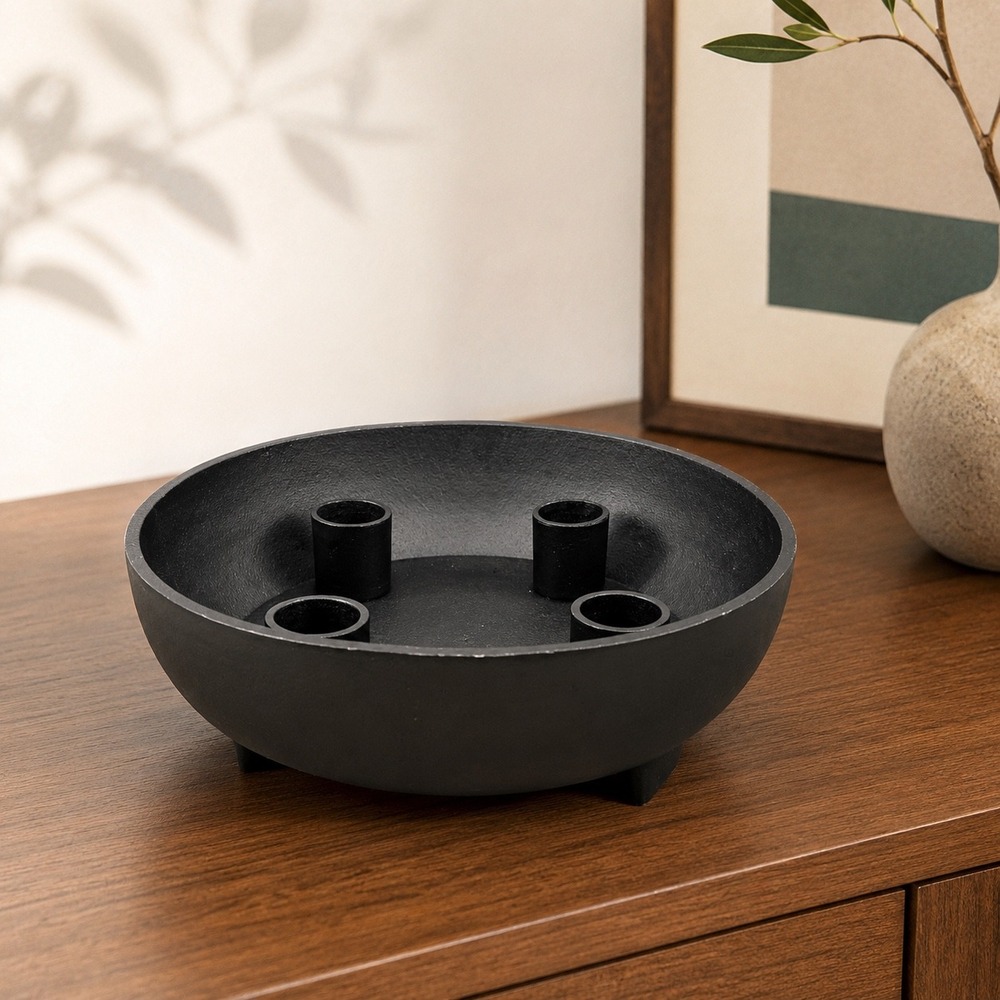 ERNST Sweden Cast Iron Bowl Candleholder Black Scandi Minimalist‎ 7" Round